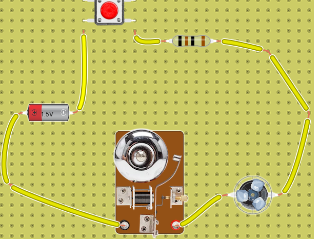 F:circuito con pulsador una resistencia un motor y un timbre