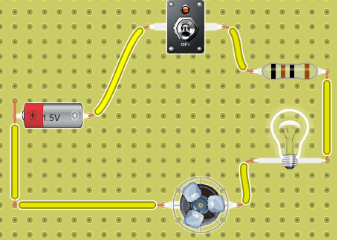 E:circuito con interruptor una resistencia una lampara y un  motor 
